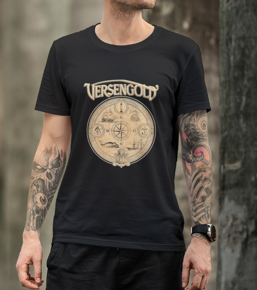 Versengold Nautical Compass Map With Ship Whale Anchor Lighthouse Chart T-Shirt