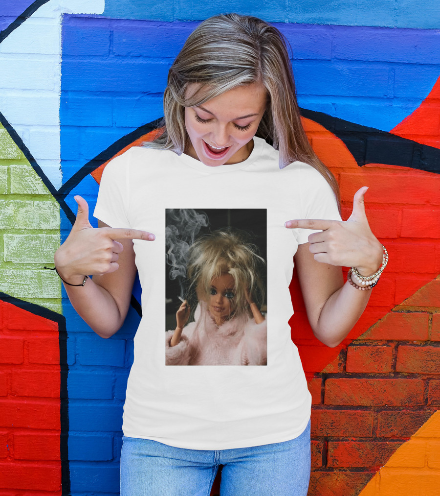 Cigarette Smoking Barbie Doll In Pink Fur Coat T-Shirt