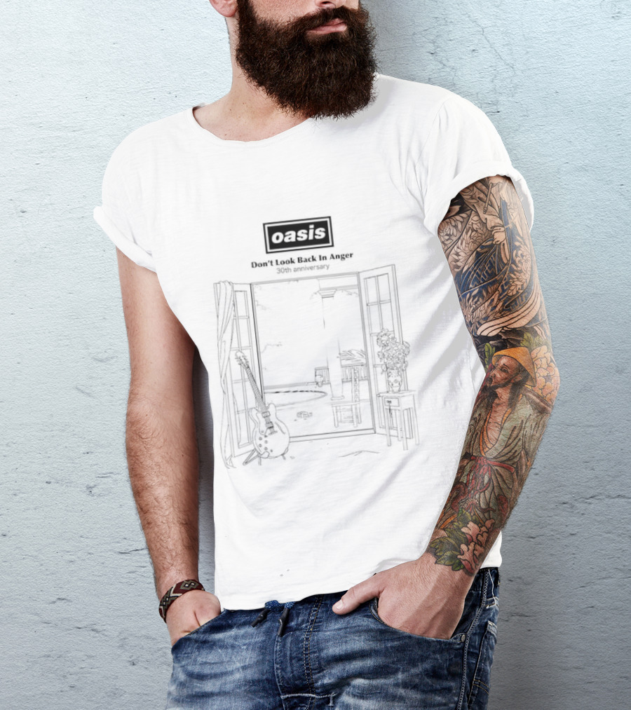 Oasis Don't Look Back In Anger 30th Anniversary Open Window Guitar Scene T-Shirt