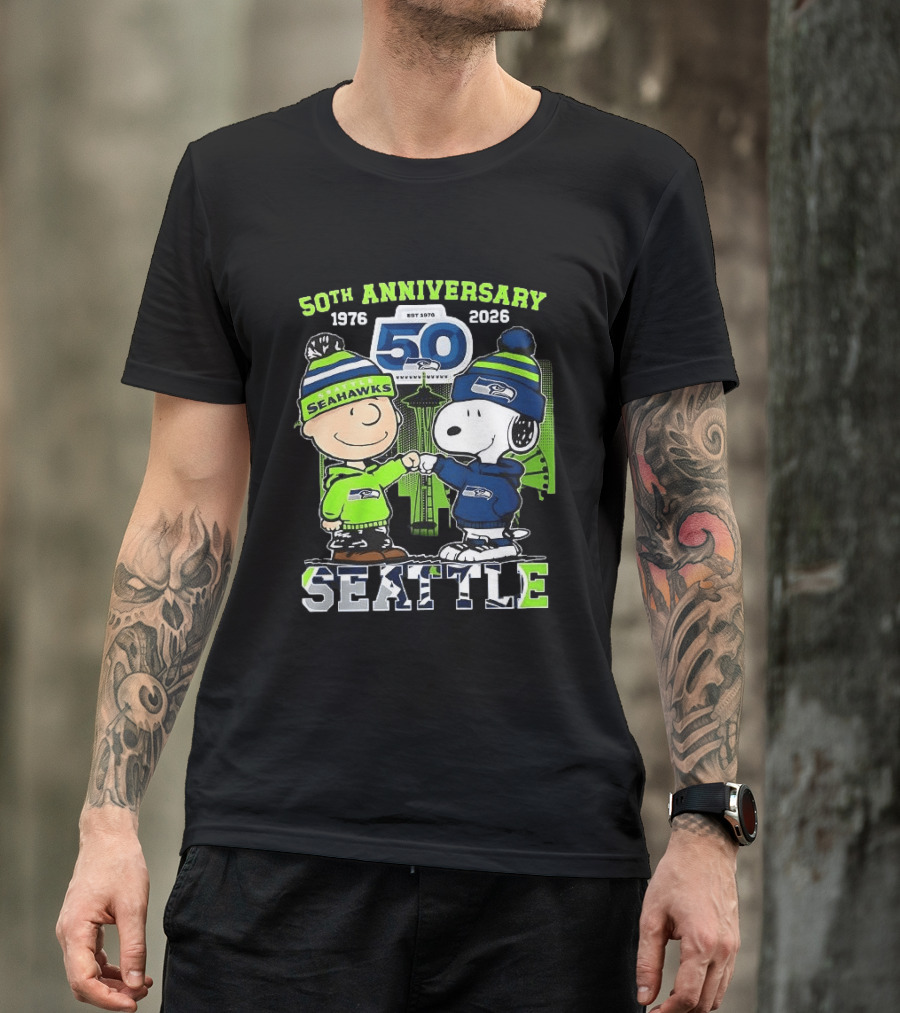 Seattle Seahawks 50th Anniversary 1976 2026 Charlie Brown Snoopy T-Shirt