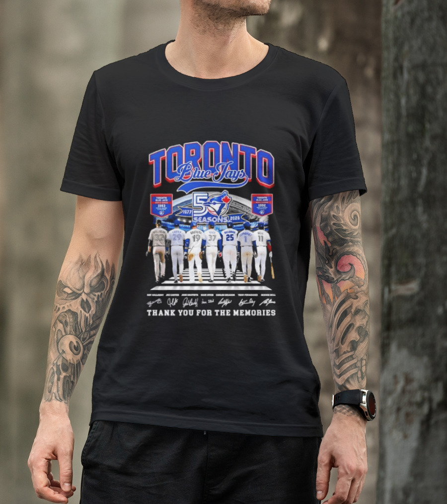 Toronto Blue Jays Blue 50 Seasons 1977 To 2026 Commemorative Signatures Thank You For The Memories T-Shirt