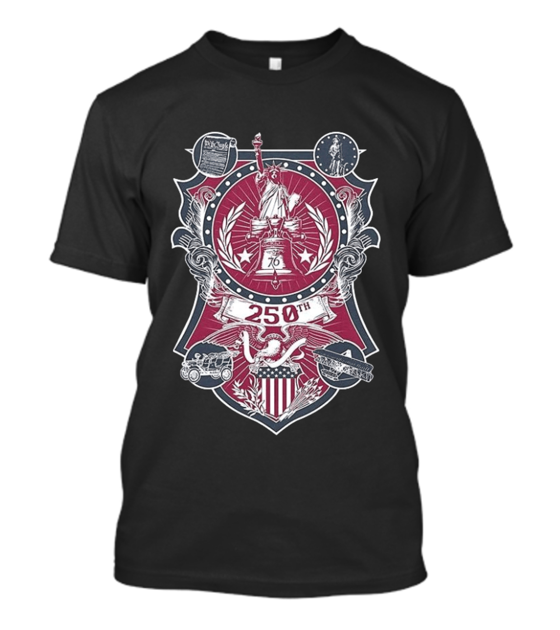 United States 250th Commemorative With Liberty Bell Statue Of Liberty And Eagle Crest T-Shirt