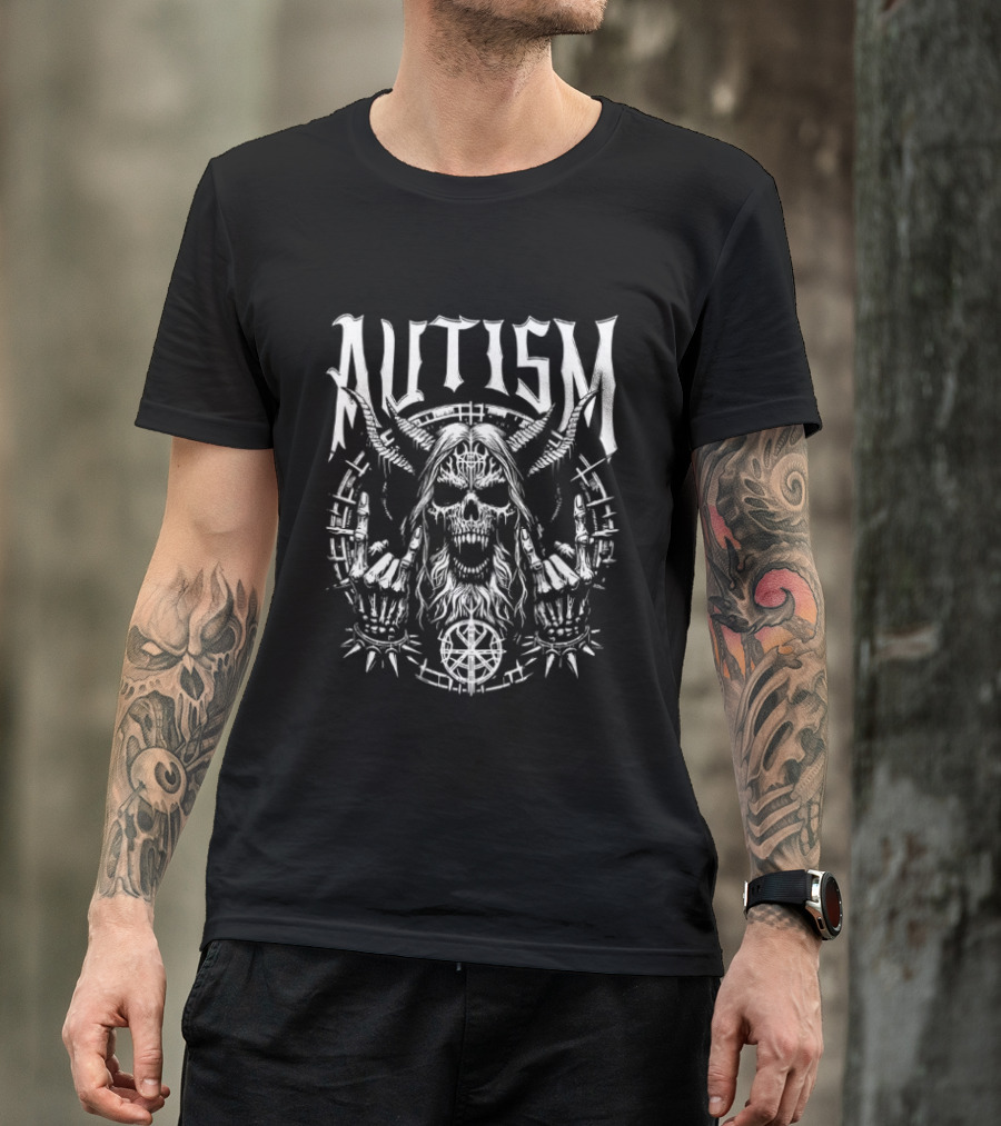 Autism Skull Punk Rock Symbol With Skeleton Hands T-Shirt