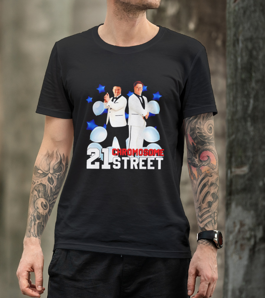 21 Chromosome Street Down Syndrome Stars Balloons White Suits T-Shirt