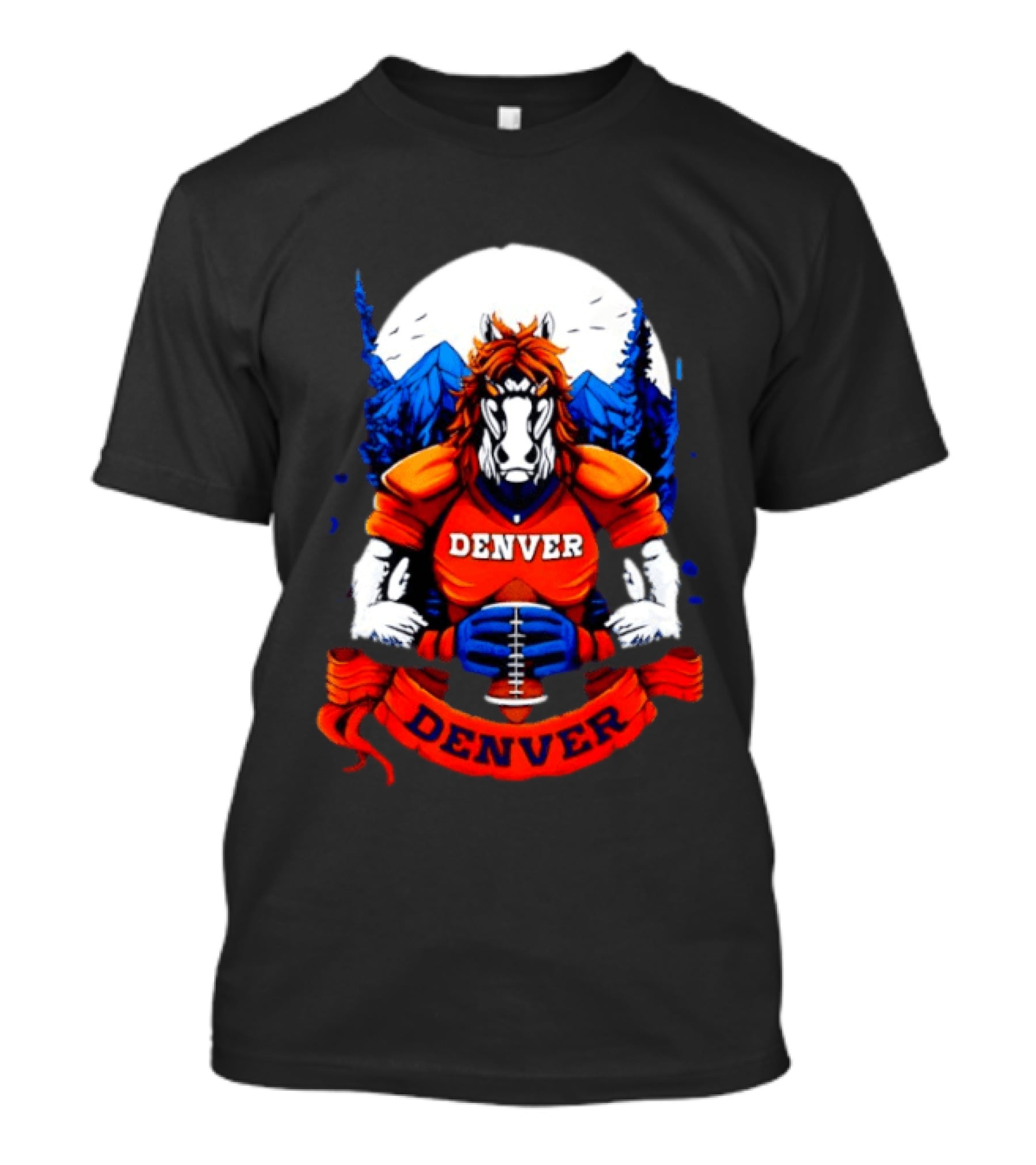Denver Broncos Wild Horse Football Player With Mountains And Trees T-Shirt