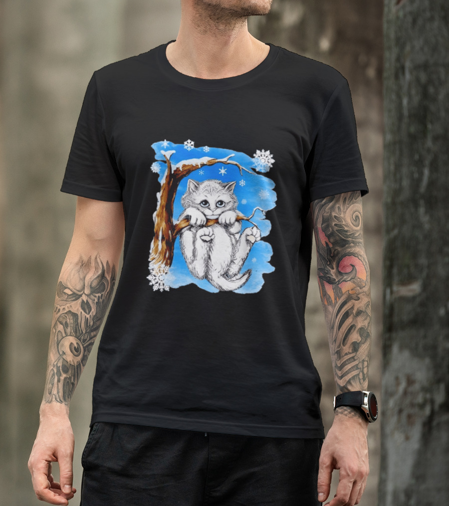 Hang In There Baby Cat In Snow With Snowflakes And Blue Sky T-Shirt
