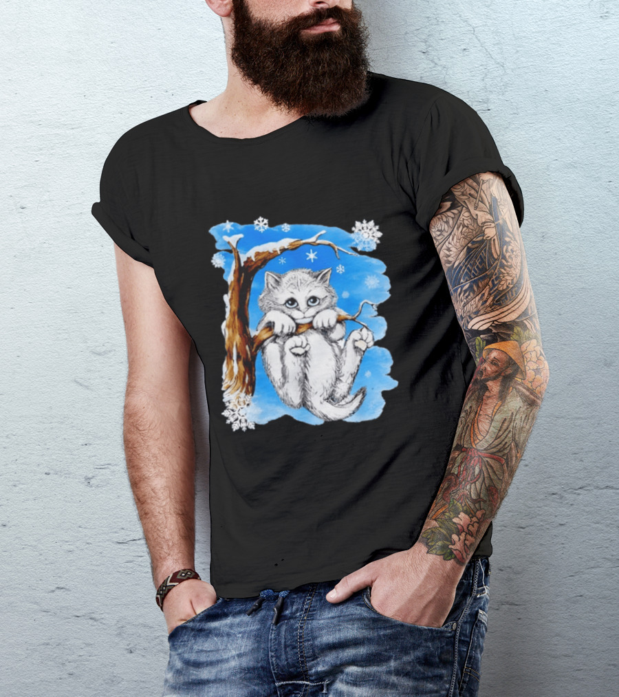 Hang In There Baby Cat In Snow With Snowflakes And Blue Sky T-Shirt