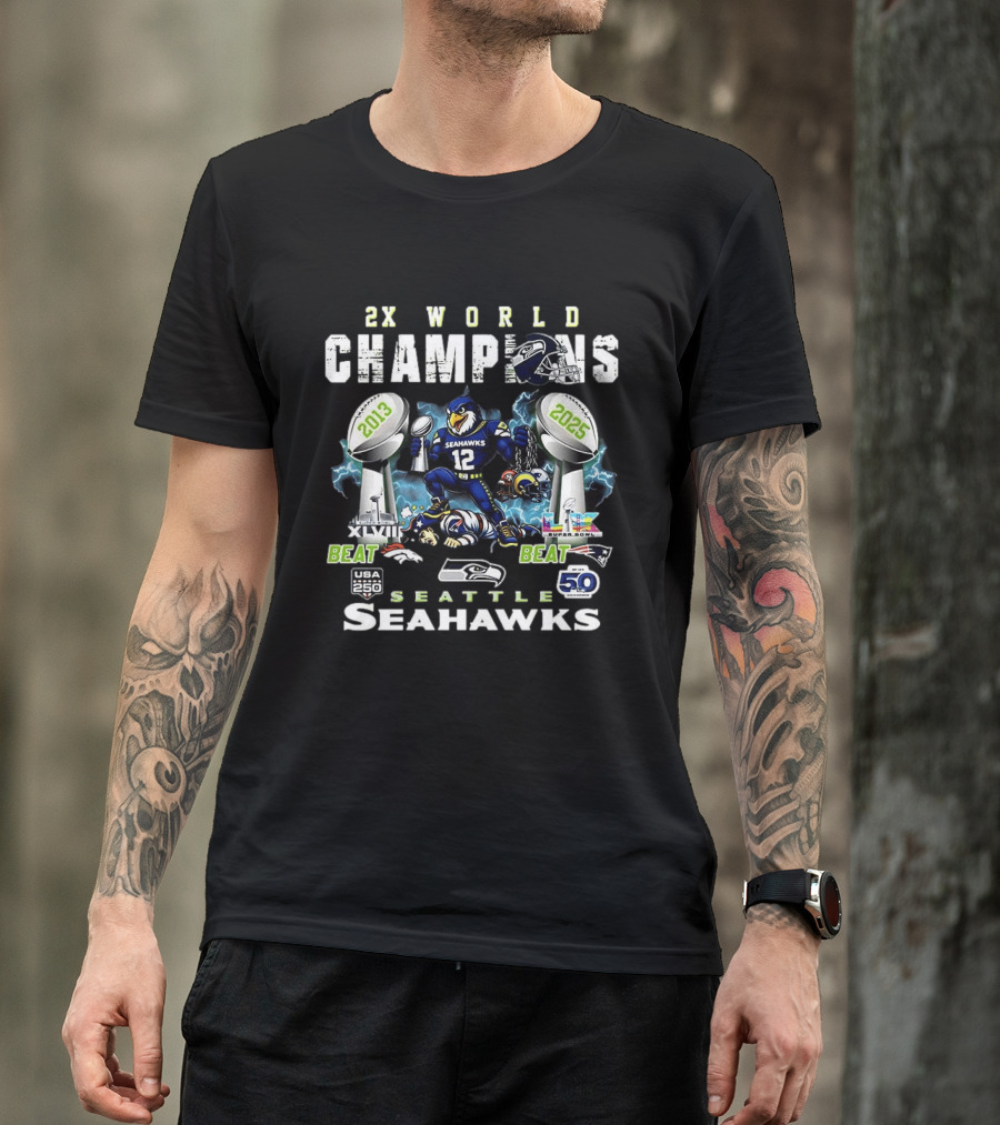 Seattle Seahawks 2x World Champions 2013 2025 Beat New England Patriots Super Bowl Victory T-Shirt