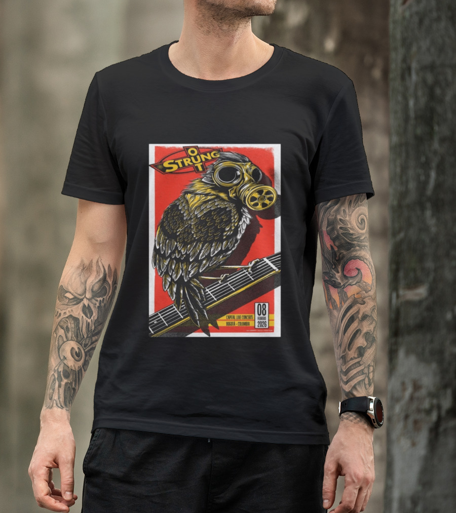 Strung Out February 8 2026 Capital Live Concerts Bogota Colombia Owl Gas Mask Guitar T-Shirt