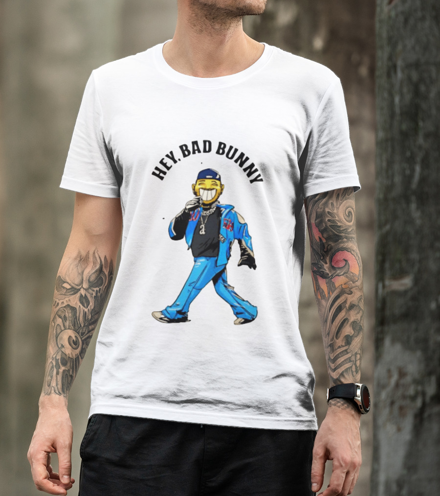 HEY BAD BUNNY Blue Jacket Character Black Outfit Chains T-Shirt