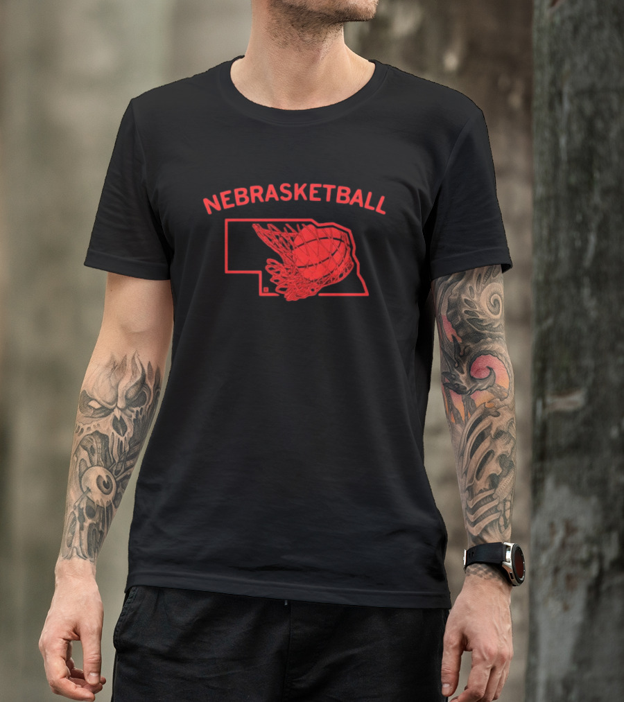 Nebrasketball Nebraska Basketball Red State Silhouette Basketball Net T-Shirt