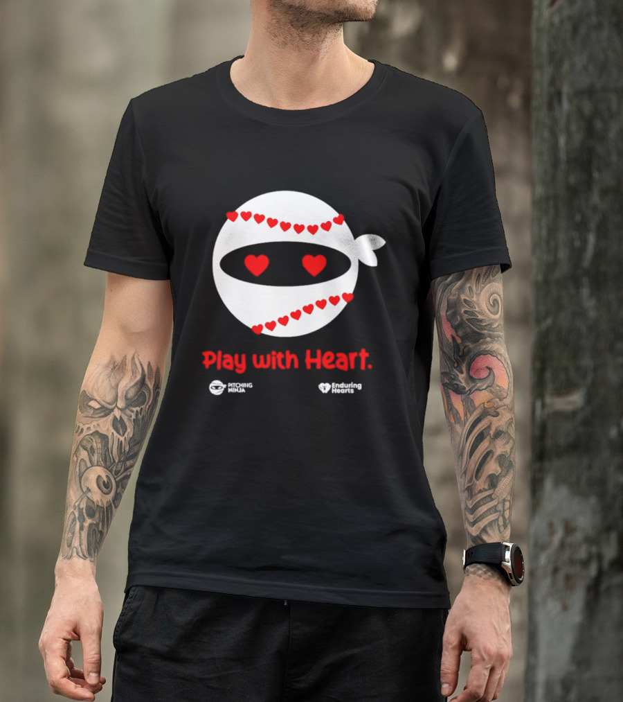 Pitching Ninja Play With Heart Red Love Hearts Baseball T-Shirt