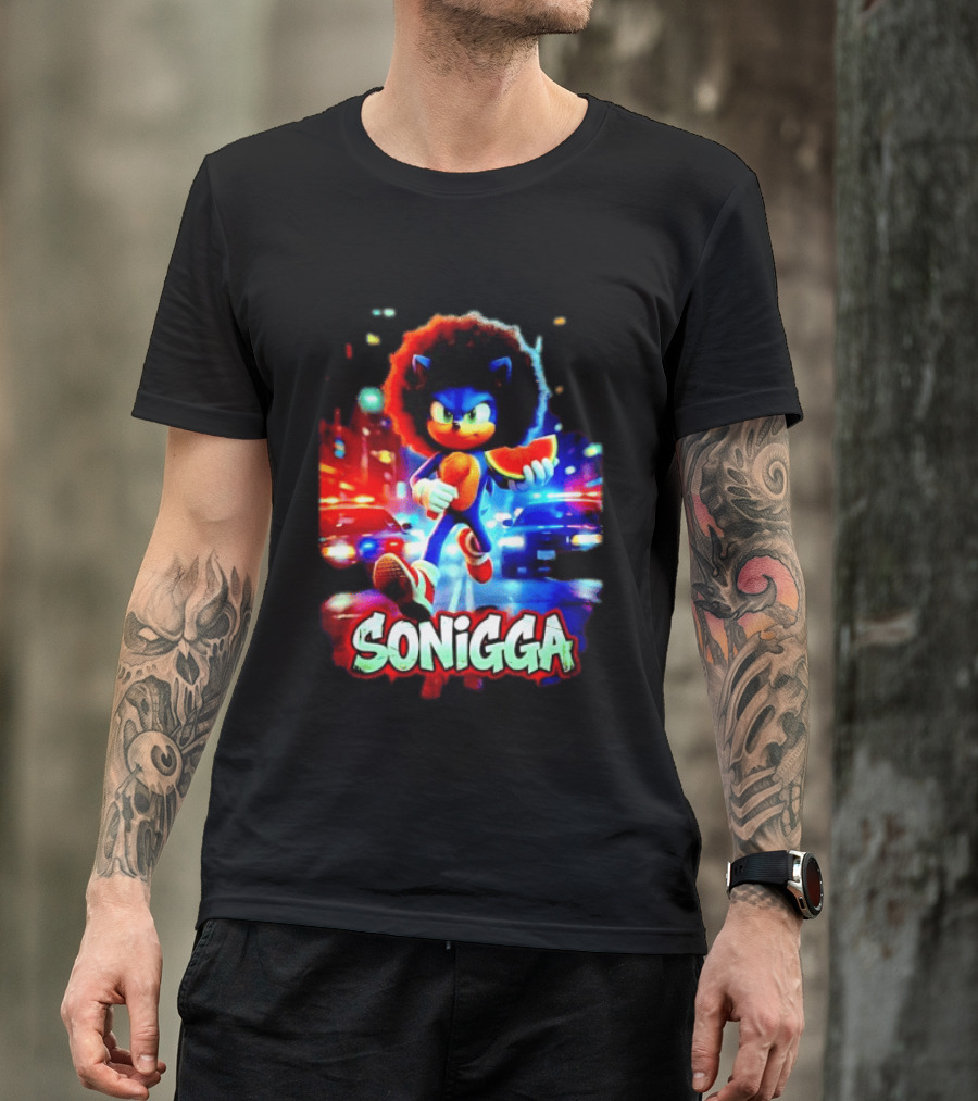 SONIGGA Sonic The Hedgehog Holding Watermelon Afro T-Shirt