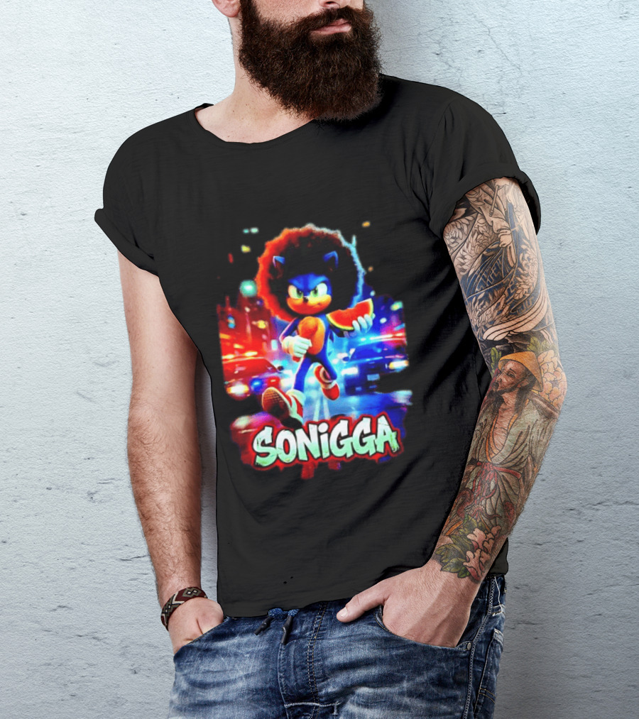 SONIGGA Sonic The Hedgehog Holding Watermelon Afro T-Shirt