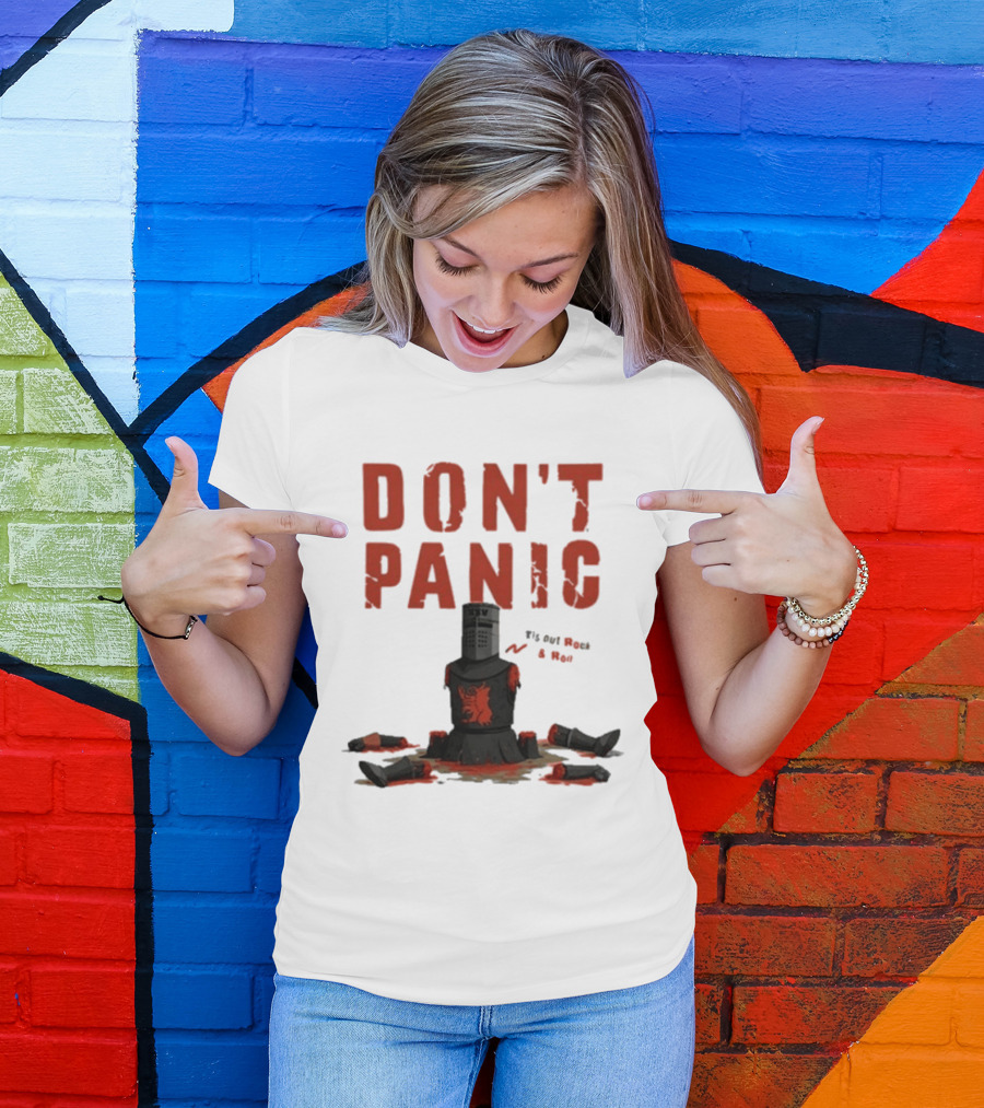 Don't Panic Monty Python Black Knight Sitting In Limbs T-Shirt
