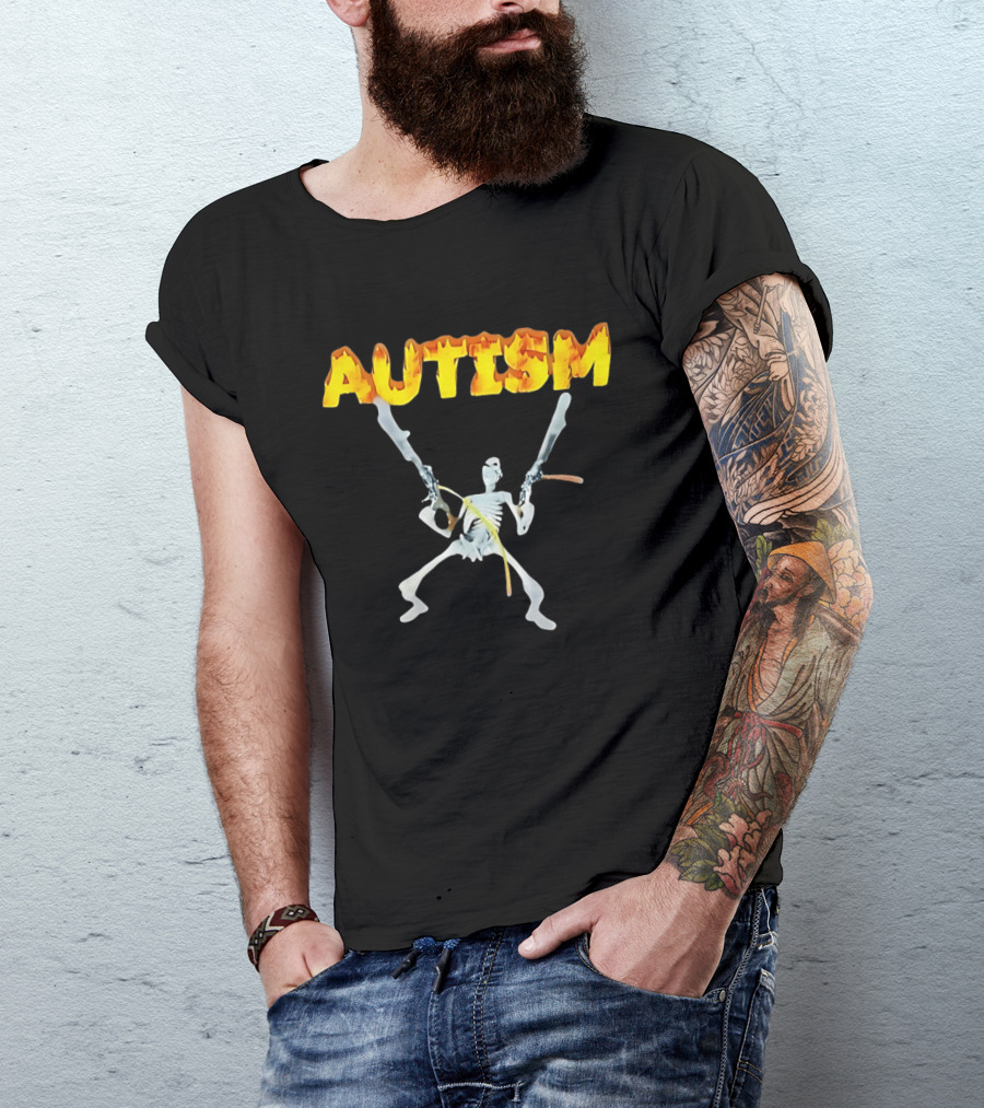 Autism Skeleton With Swords And Fire Letters T-Shirt
