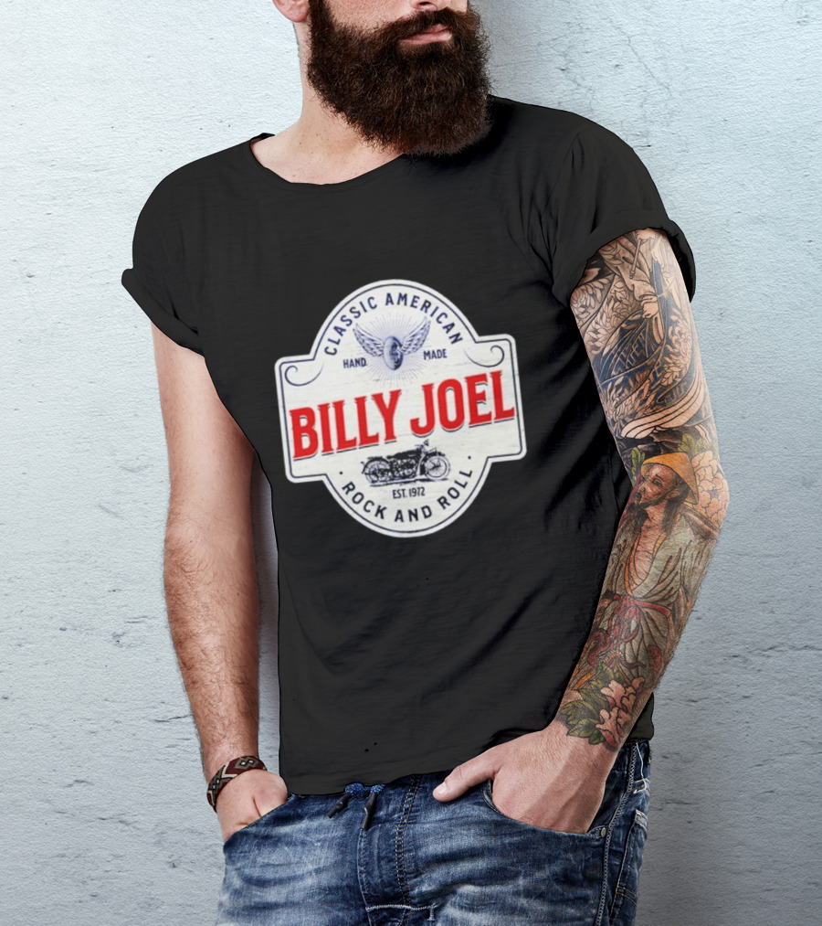 Billy Joel Classic American Hand Made Rock And Roll Est 1972 Motorcycle T-Shirt