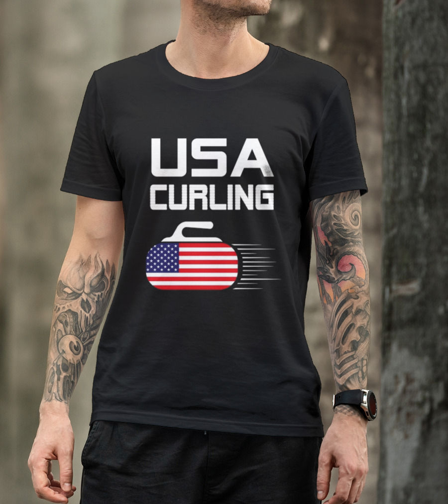 USA Curling American Flag Stone T-Shirt