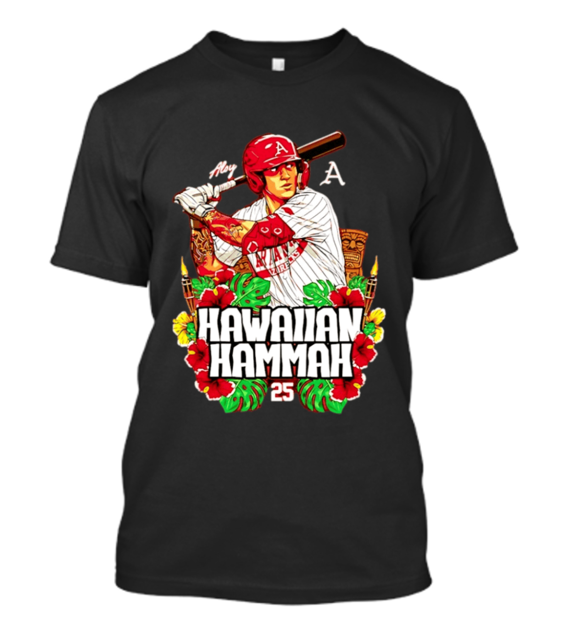 Aloy Hawaiian Hammah Arkansas Baseball 25 Caricature NCAA T-Shirt