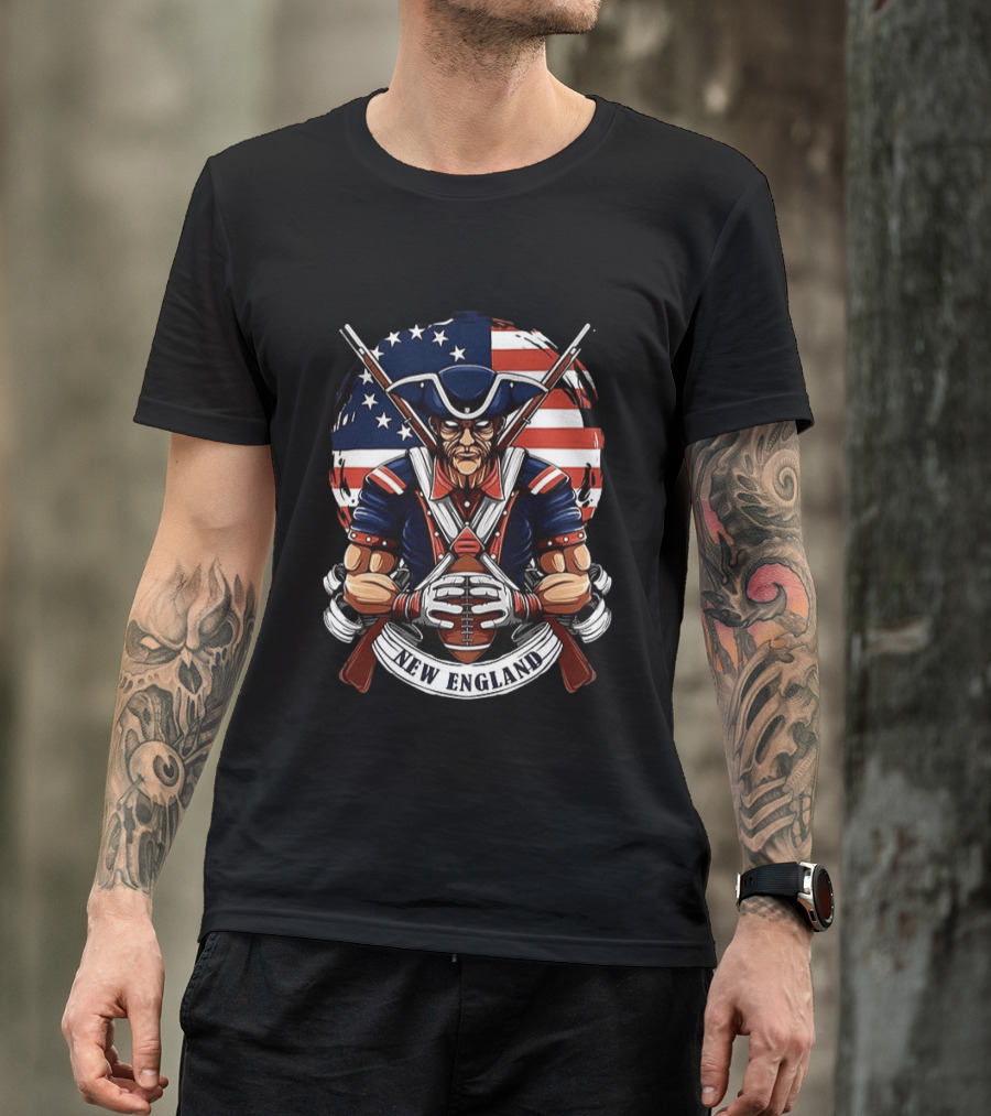 New England Patriots Revolutionary Soldier American Flag Football T-Shirt