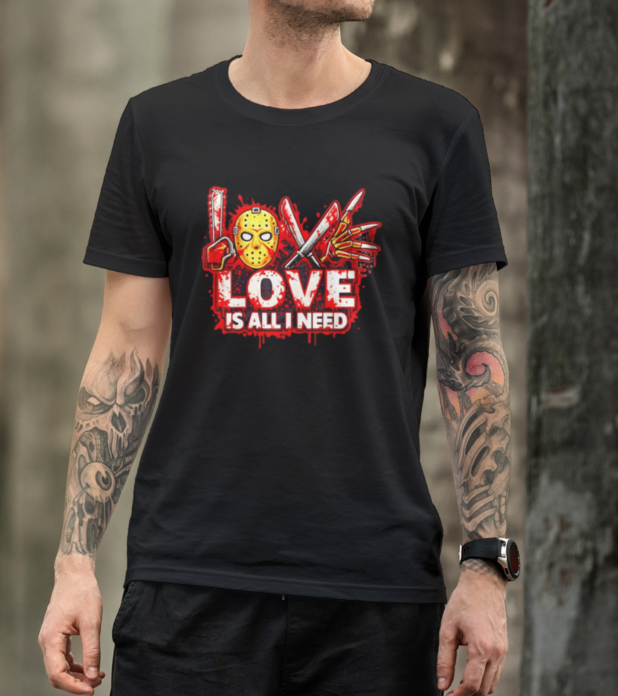 Horror Love Is All I Need Valentine Halloween Mask Knife Claw T-Shirt