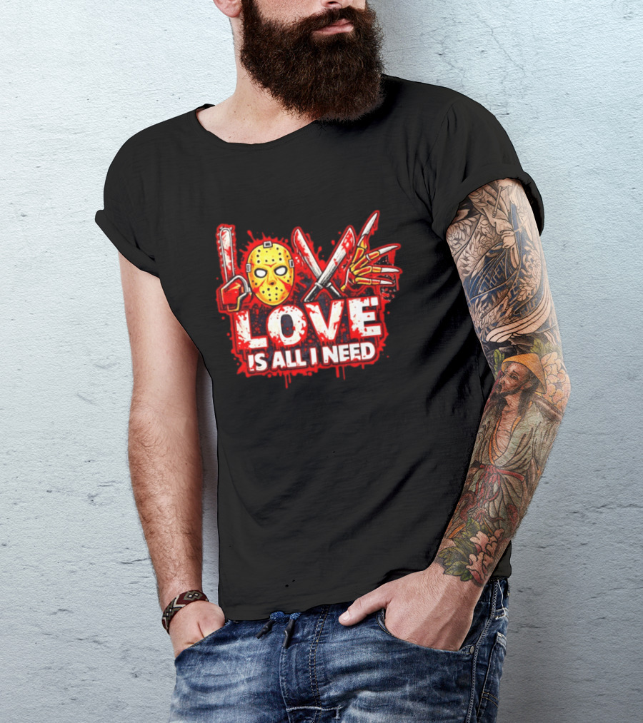 Horror Love Is All I Need Valentine Halloween Mask Knife Claw T-Shirt