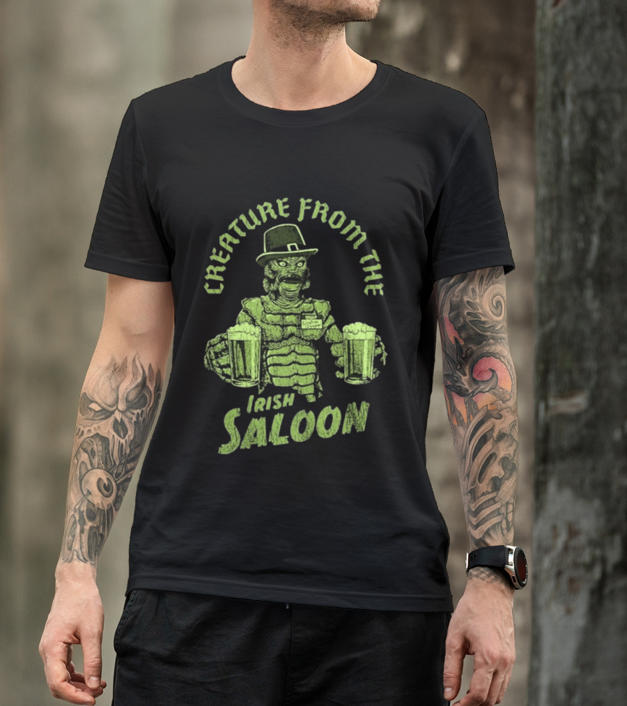 St Patrick's Day Creature From The Irish Saloon Beers Monster In Hat And Name Tag Holding Two Pints T-Shirt