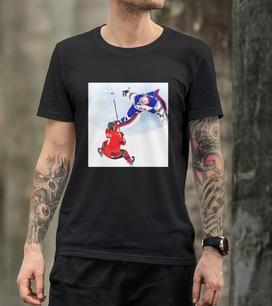 Connor Hellebuyck USA Goalie Save Hockey Match T-Shirt