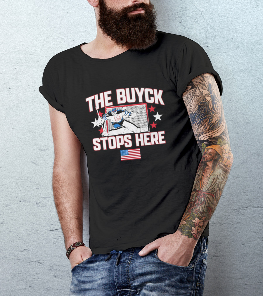The Buyck Stops Here Winnipeg Jets Hockey Goalie USA Flag Stars T-Shirt