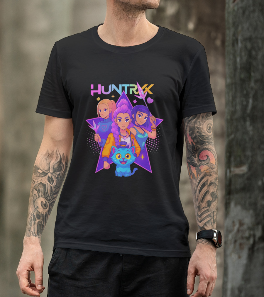 Huntrx Anime All Characters Vibrant Magical Trio And Blue Cat With Crystal Stars T-Shirt