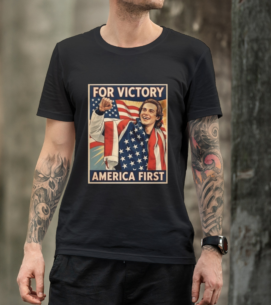 For Victory America First Patriotic Jack Hughes Victory Pose T-Shirt