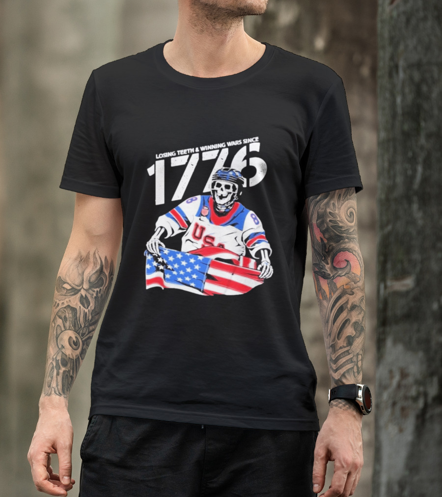 Losing Teeth Winning Wars Since 1776 USA Hockey Skeleton American Flag T-Shirt