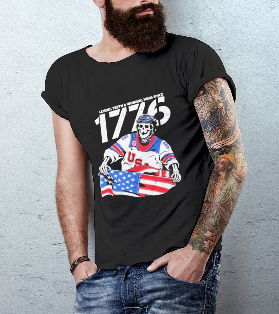Losing Teeth Winning Wars Since 1776 USA Hockey Skeleton American Flag T-Shirt