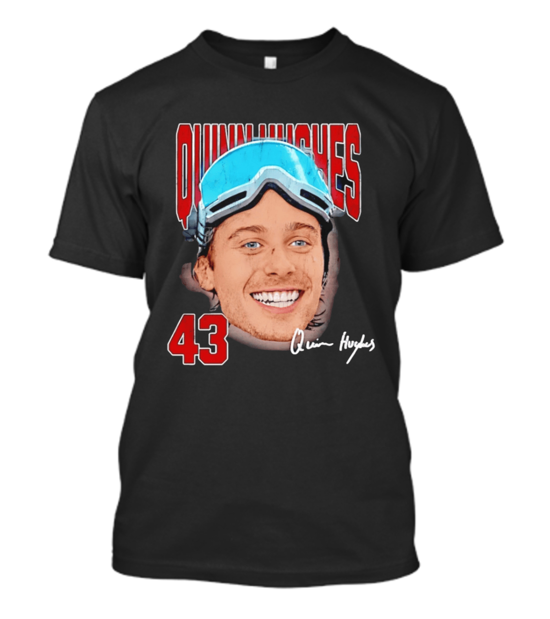 Quinn Hughes Big Head Goggles 43 Signature T-Shirt