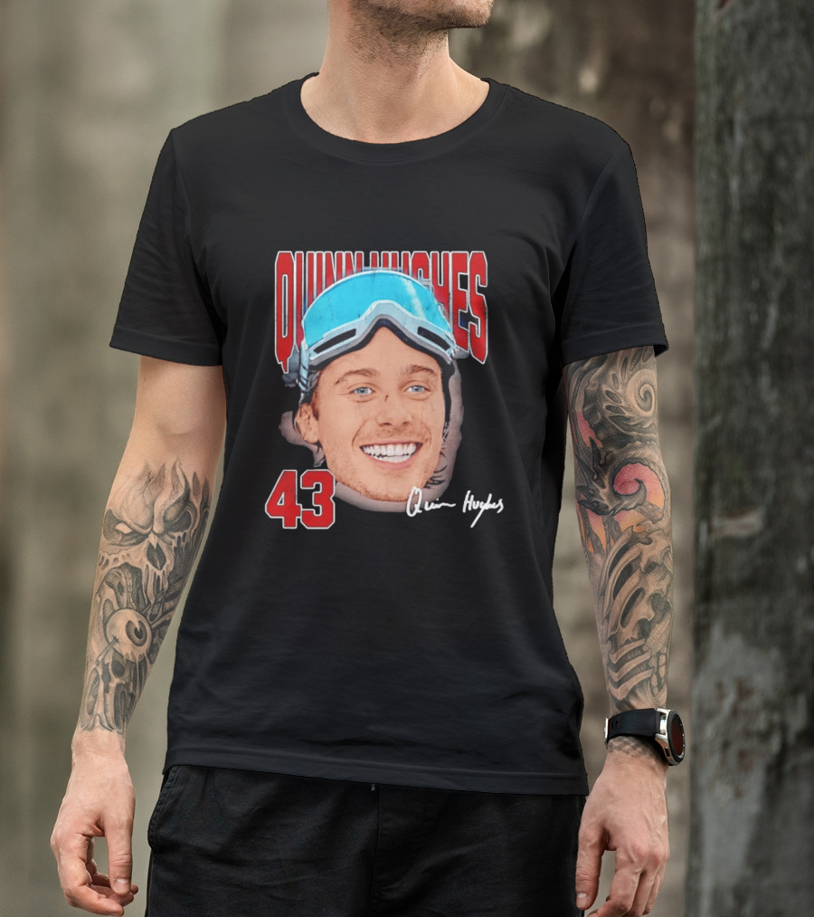 Quinn Hughes Big Head Goggles 43 Signature T-Shirt