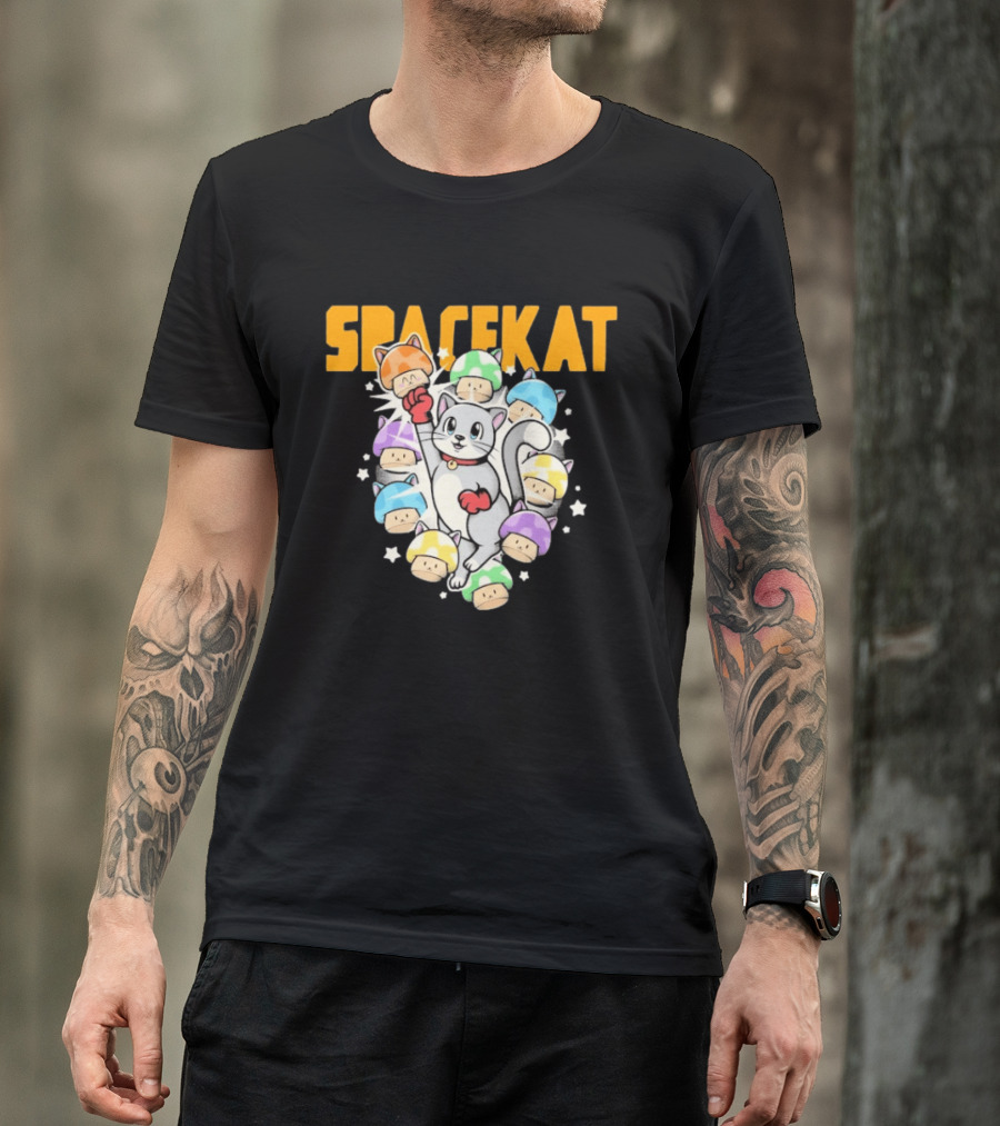 Spacekat Cat Surrounded By Colorful Mushroom Characters T-Shirt