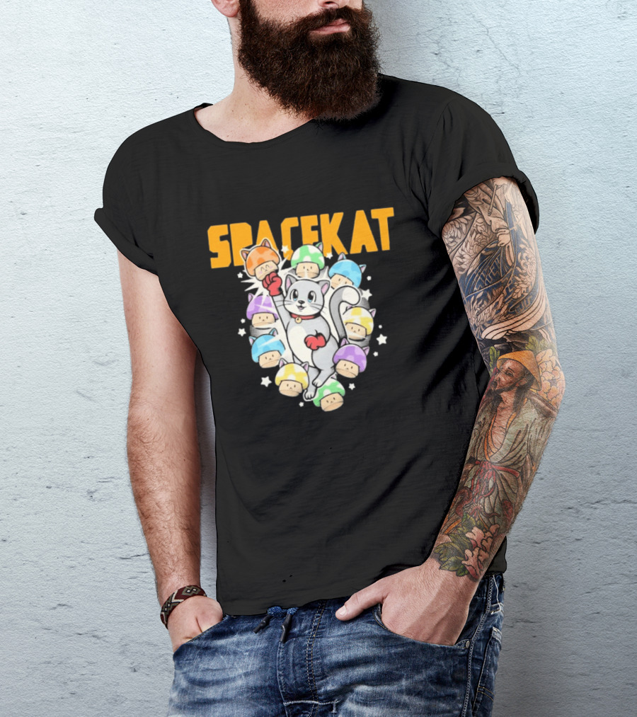 Spacekat Cat Surrounded By Colorful Mushroom Characters T-Shirt