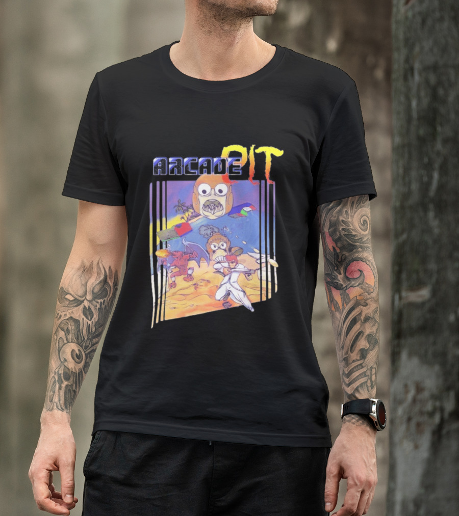 Arcade Pit Smight X Contra Characters And Cartoon Face Beach Scene T-Shirt