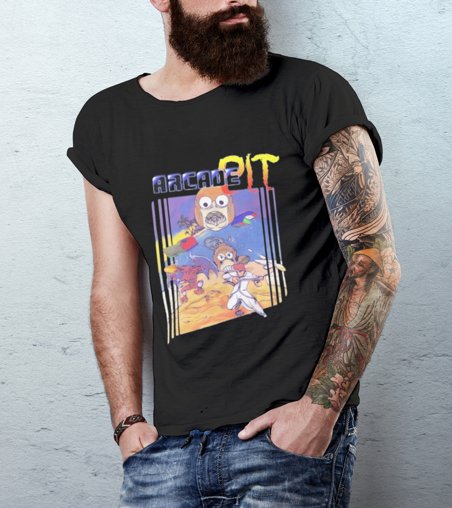 Arcade Pit Smight X Contra Characters And Cartoon Face Beach Scene T-Shirt
