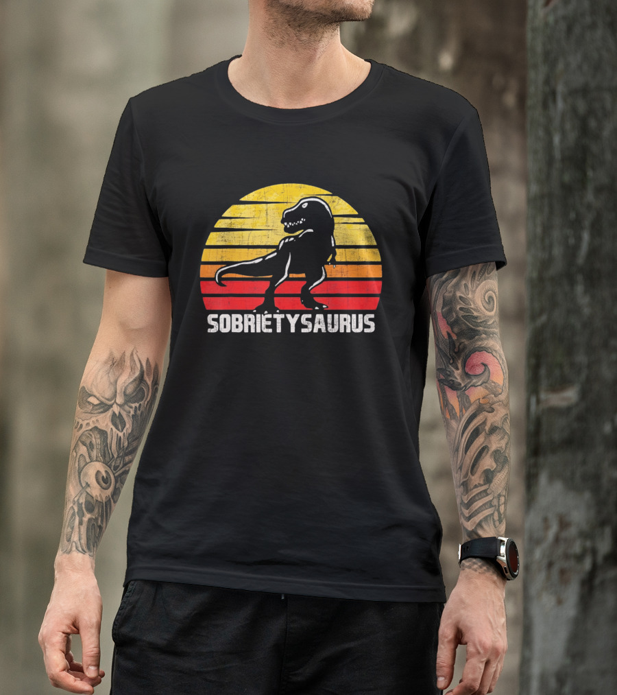 Sober Sobrietysaurus Sobriety Anniversary Recovery Rex Sunset T-Shirt