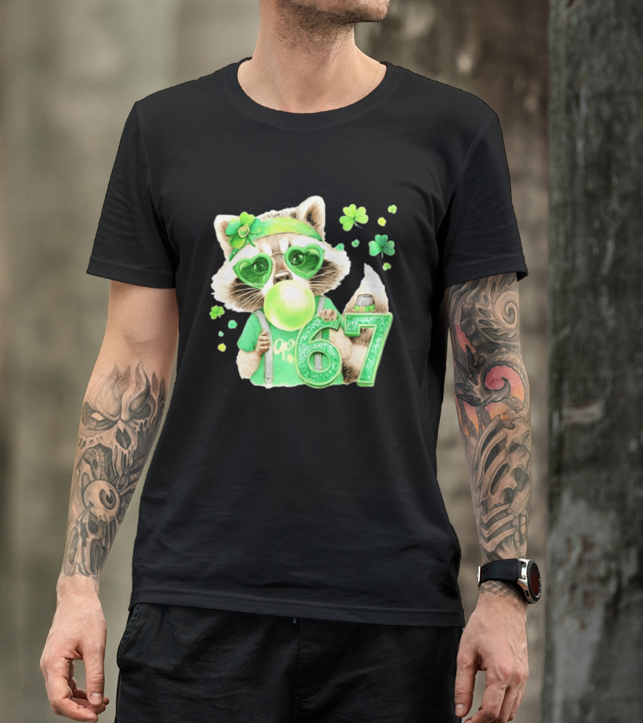 St Patrick's Day Raccoon With Shamrock Heart Glasses And 67 Bubblegum T-Shirt