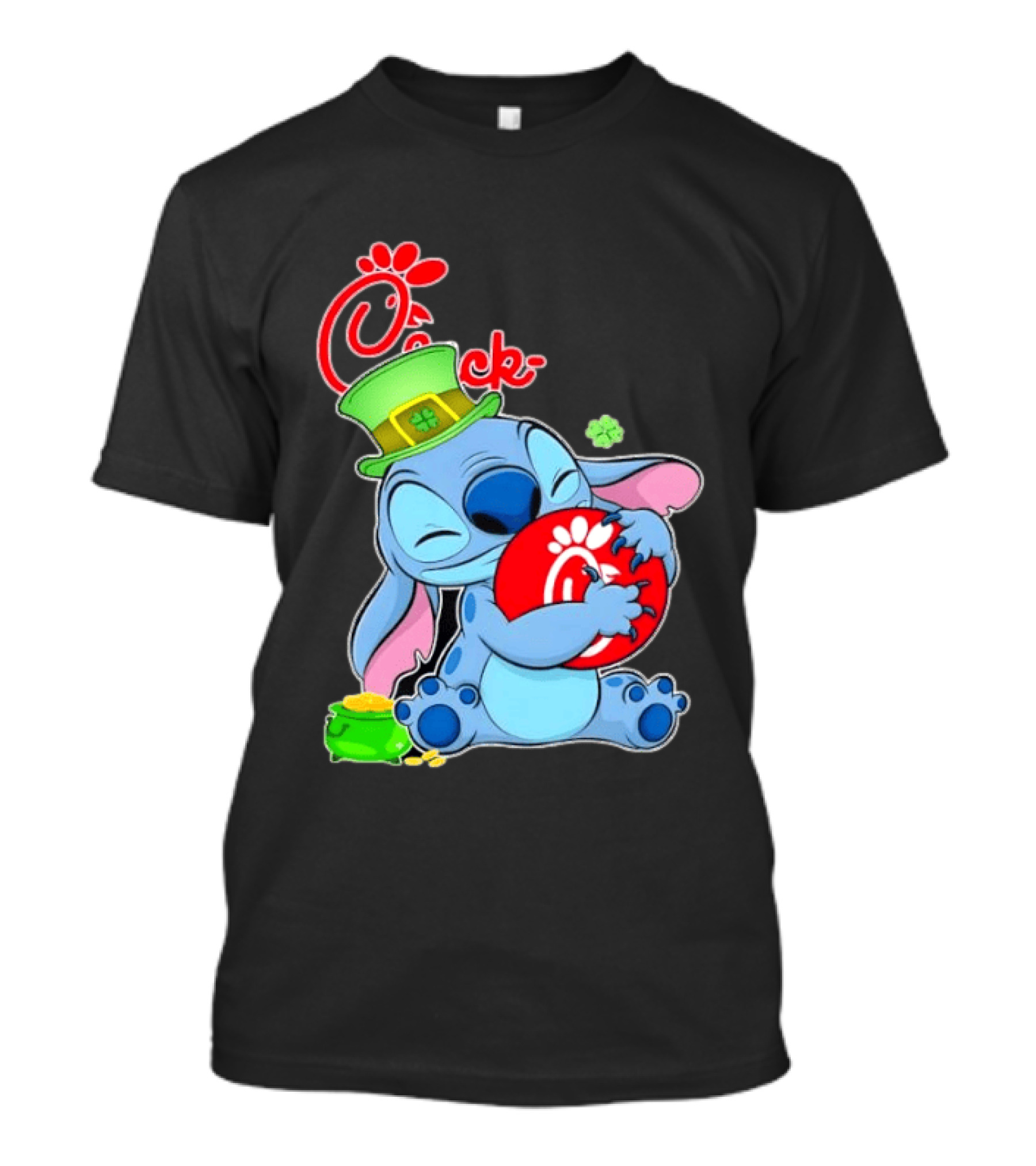 Stitch Holding Chick Fil A Logo With St. Patrick's Day Hat And Clover T-Shirt