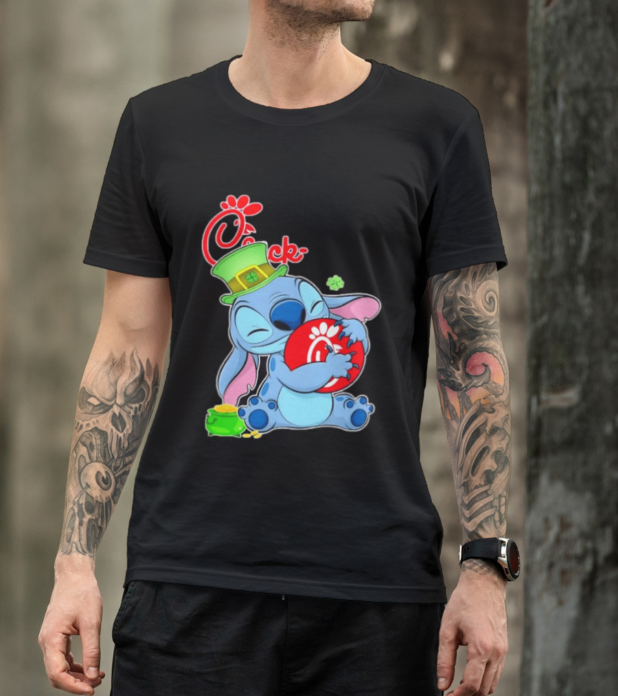 Stitch Holding Chick Fil A Logo With St. Patrick's Day Hat And Clover T-Shirt