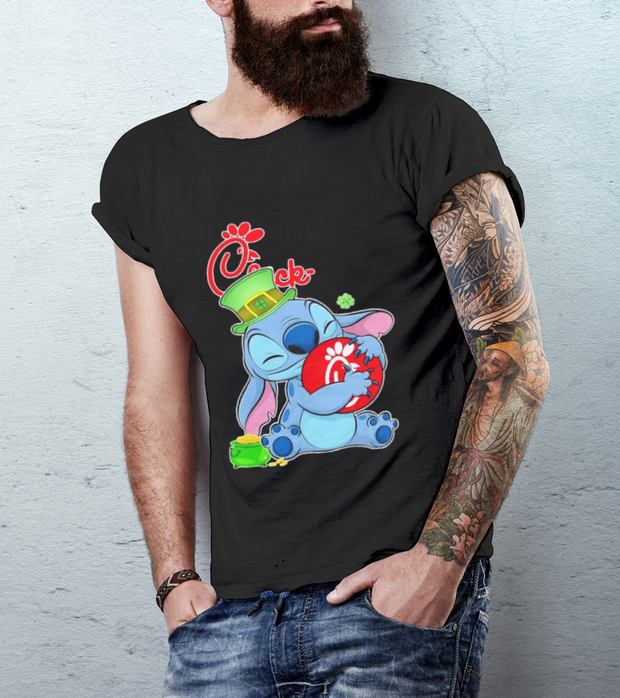 Stitch Holding Chick Fil A Logo With St. Patrick's Day Hat And Clover T-Shirt