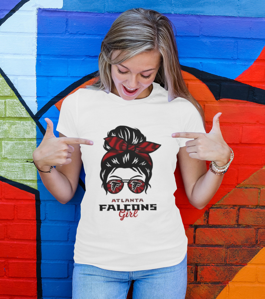 Atlanta Falcons Girl Messy Bun 2026 Bow Sunglasses T-Shirt