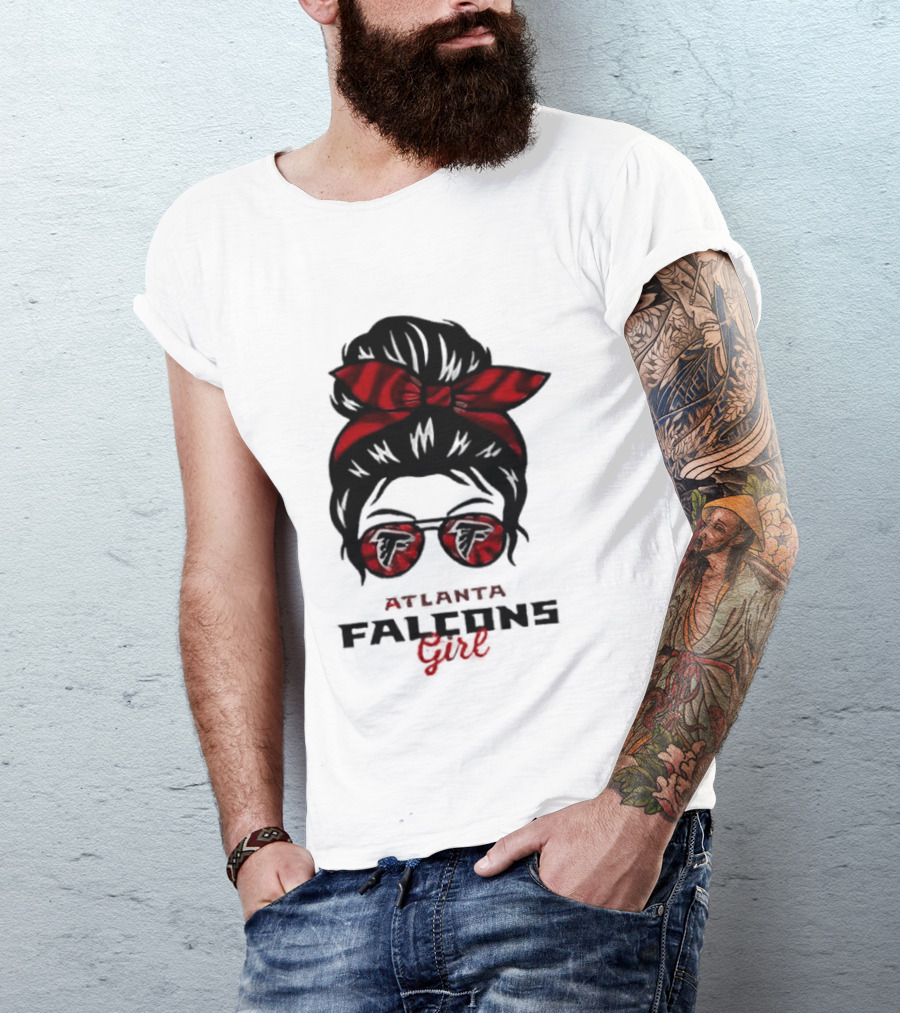 Atlanta Falcons Girl Messy Bun 2026 Bow Sunglasses T-Shirt