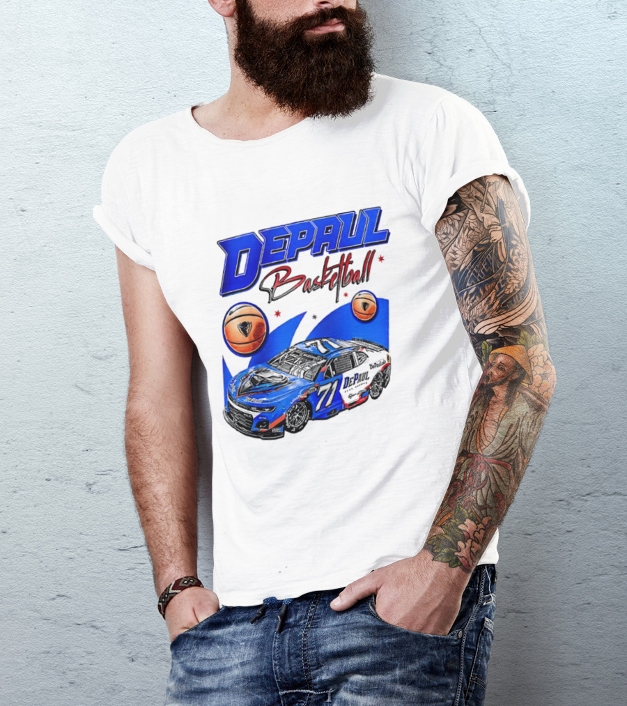 DePaul Basketball NASCAR Collaboration With Blue Race Car And Basketball T-Shirt