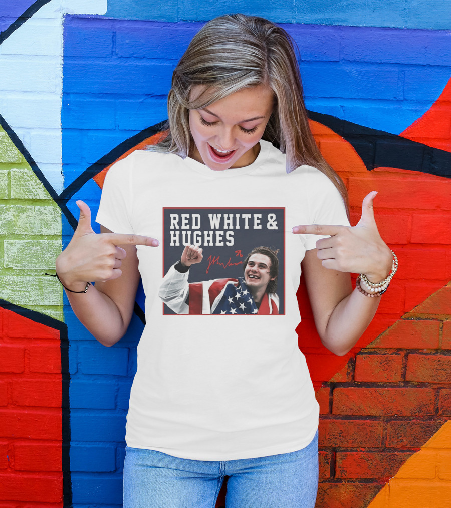 Red White & Hughes Jack Hughes USA Hockey 2026 Golden Goal T-Shirt