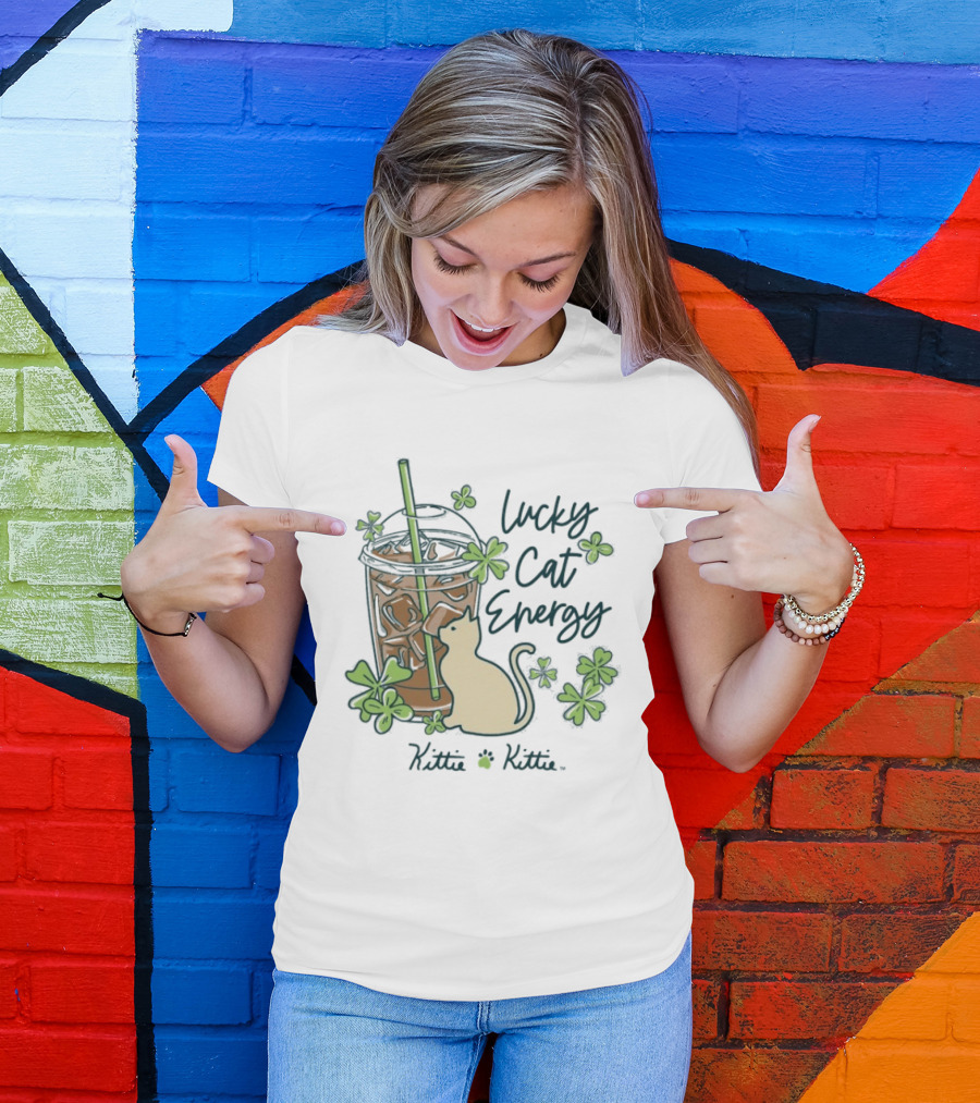 Lucky Cat Energy Kittie Kittie St. Patrick's Day Shamrock Iced Drink T-Shirt