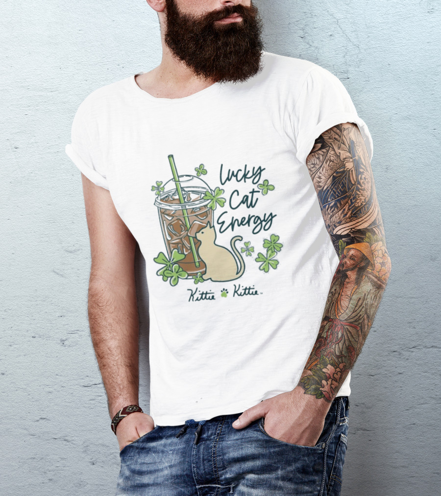 Lucky Cat Energy Kittie Kittie St. Patrick's Day Shamrock Iced Drink T-Shirt
